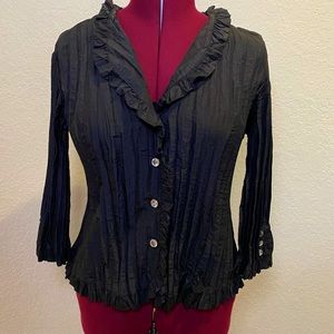 Agora | Vintage Black Button Up Blouse with Scrunched Fabric Detailing L 🔏🪩